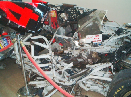 Whats left of Mike Harmon's car after crash at Bristol Motor Speedway